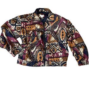 VTG Bogari 100% Silk Zip Bomber Jacket Sz M Abstract Print 283F